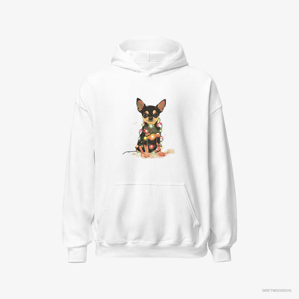 Chihuahua Hoodie – Men White Hoodie Classic – Wrapped in a Merry String of Christmas Lights (on White Background)