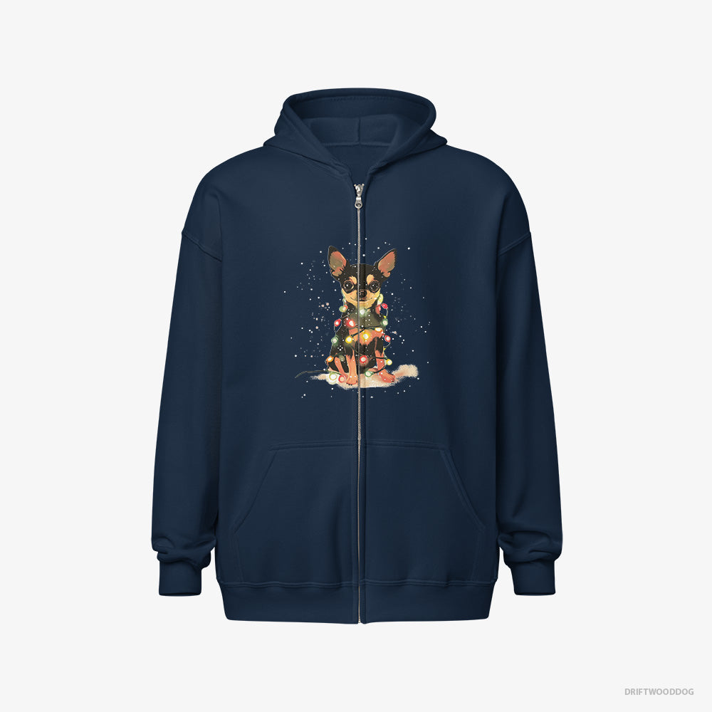 Chihuahua Hoodie – Men Navy Hoodie Full-Zip – Wrapped in a Merry String of Christmas Lights (on White Background)