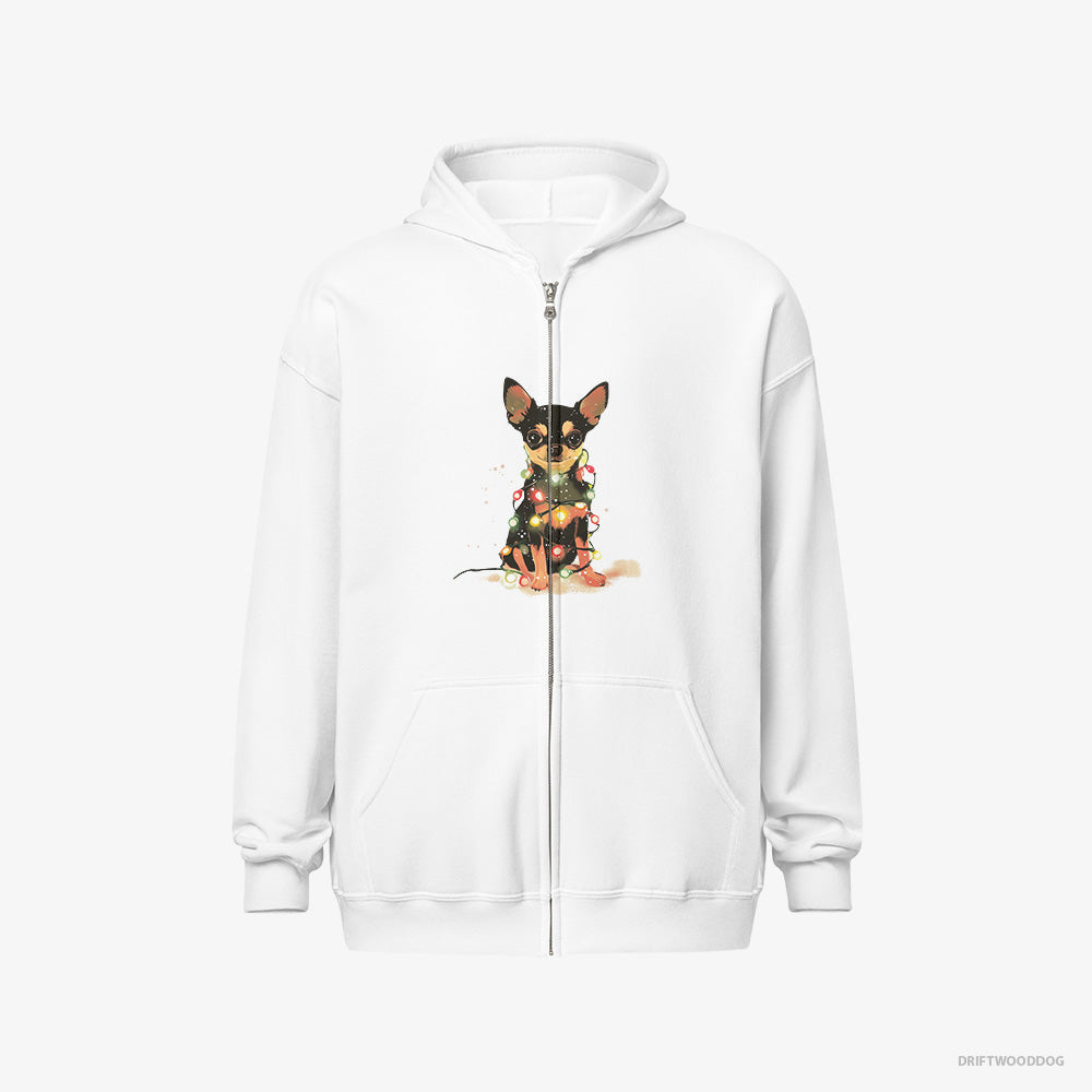 Chihuahua Hoodie – Men White Hoodie Full-Zip – Wrapped in a Merry String of Christmas Lights (on White Background)