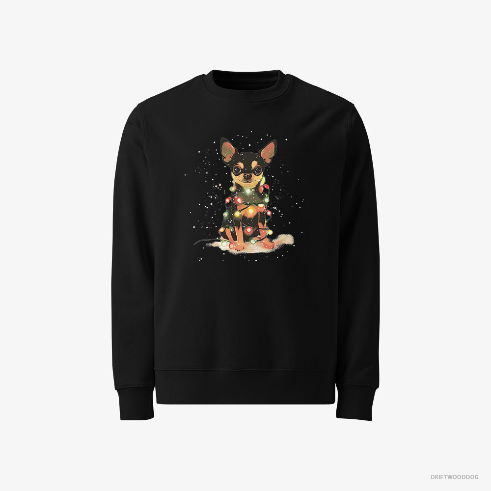 Chihuahua Sweatshirt – Men Black Sweatshirt Classic – Wrapped in a Merry String of Christmas Lights (on White Background)