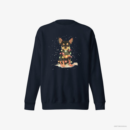 Chihuahua Wrapped in a Merry String of Christmas Lights Navy Sweatshirt