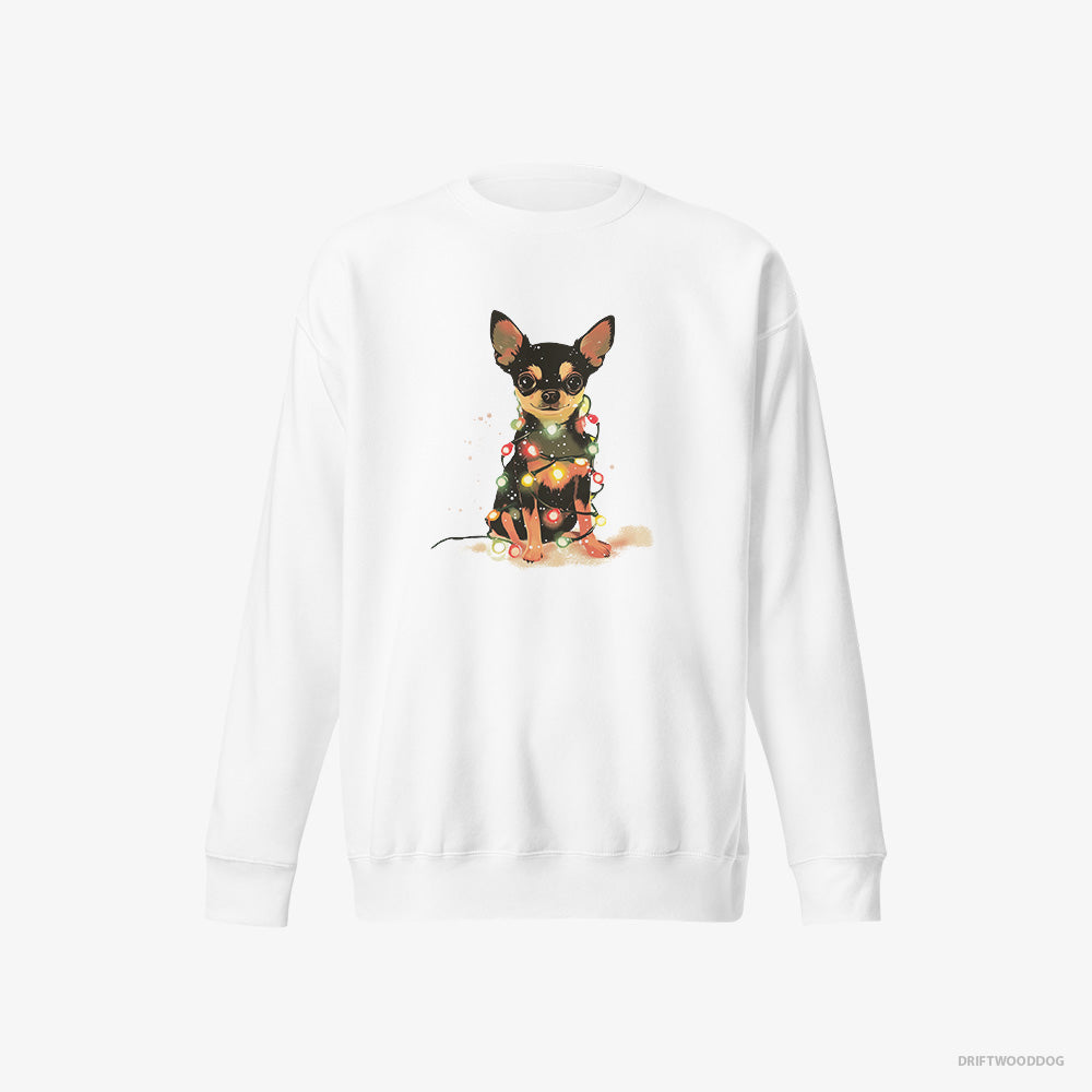 Chihuahua Sweatshirt – Men White Sweatshirt Eco-Friendly – Wrapped in a Merry String of Christmas Lights (on White Background)