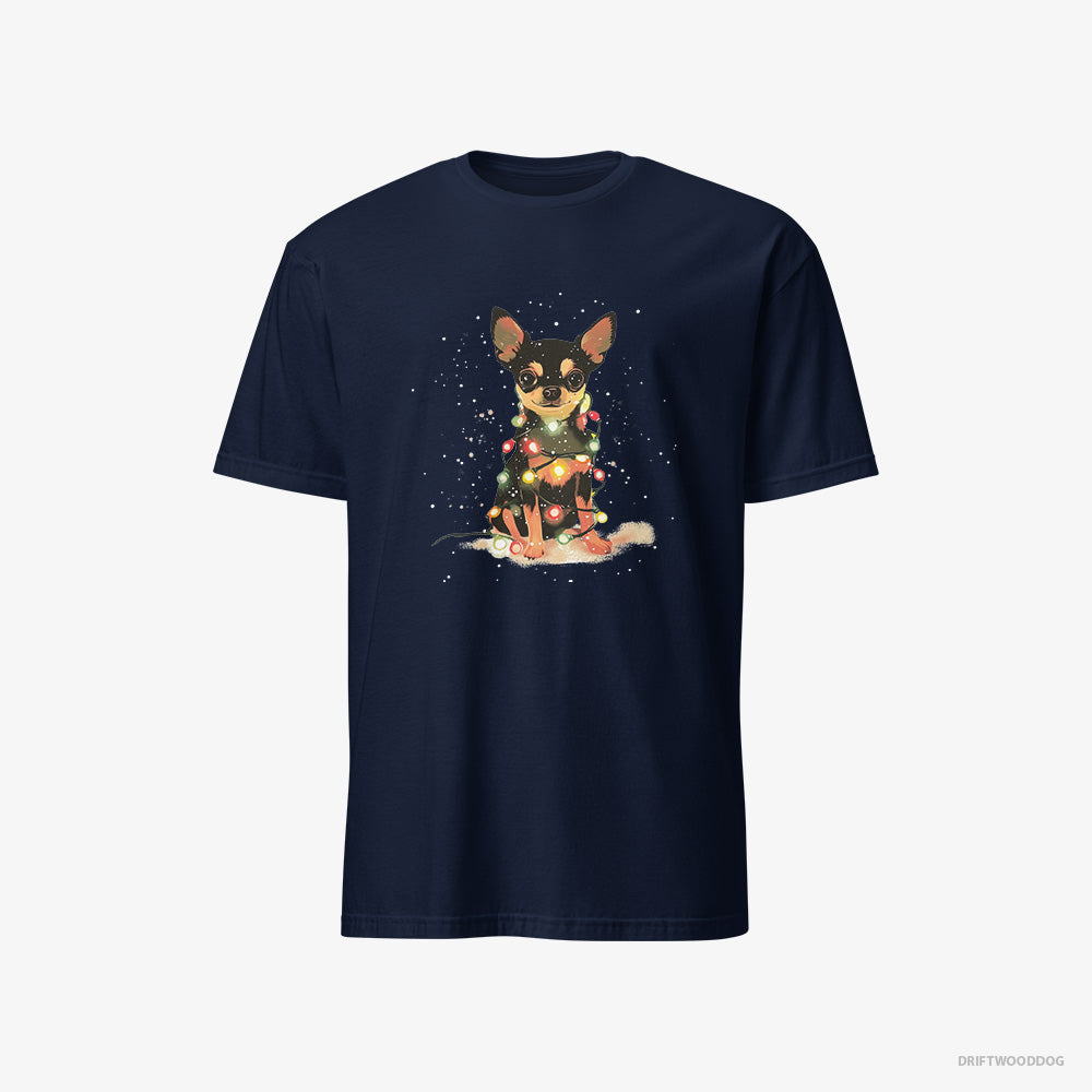 Chihuahua T-Shirt – Men Navy T-Shirt Classic – Wrapped in a Merry String of Christmas Lights (on White Background)