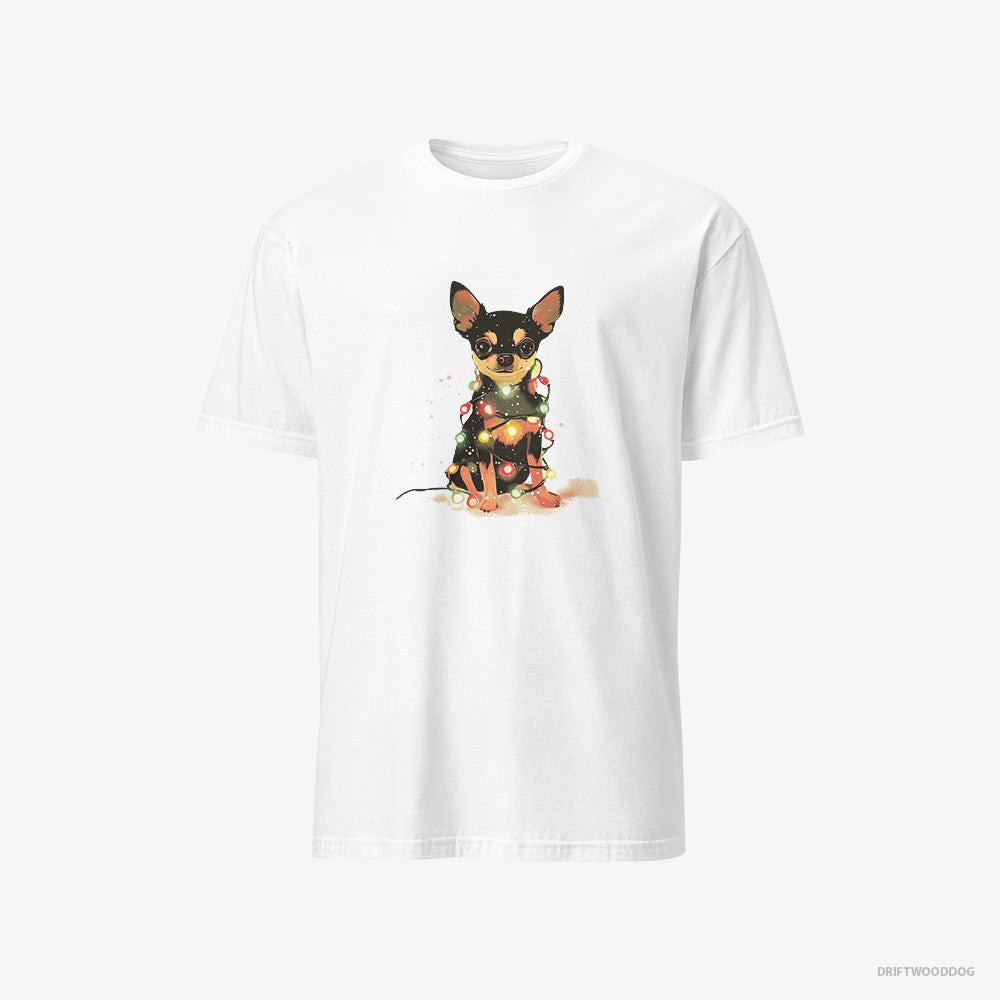 Chihuahua T-Shirt – Men White T-Shirt Classic – Wrapped in a Merry String of Christmas Lights (on White Background)