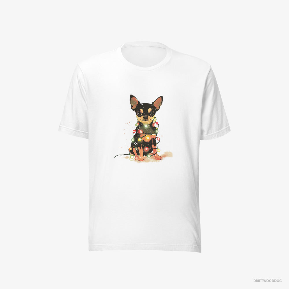 Chihuahua T-Shirt – Men White T-Shirt Eco-Friendly – Wrapped in a Merry String of Christmas Lights (on White Background)