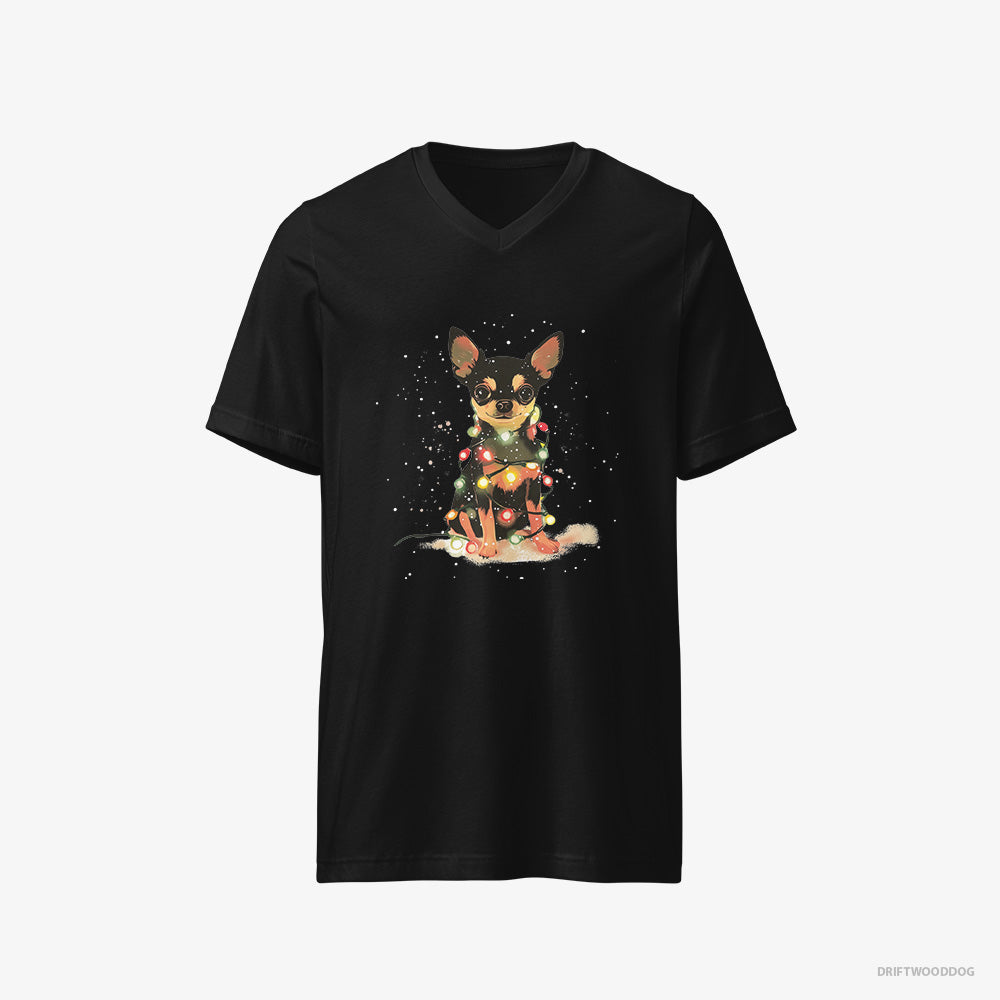 Chihuahua T-Shirt – Men Black T-Shirt V-Neck – Wrapped in a Merry String of Christmas Lights (on White Background)