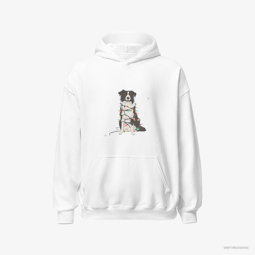 Border Collie Hoodie – Men White Hoodie Classic – Twinkling with Christmas Lights (on White Background)