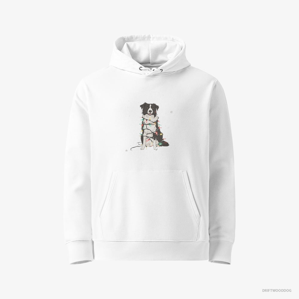 Border Collie Hoodie – Women White Hoodie Eco-Friendly – Twinkling with Christmas Lights (on White Background)