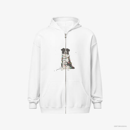 Border Collie Hoodie – Men White Hoodie Full-Zip – Twinkling with Christmas Lights (on White Background)