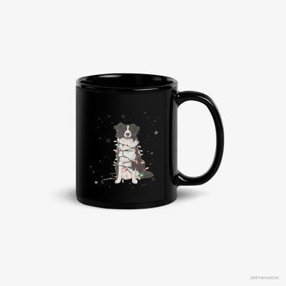 Border Collie Mug – Unisex Black Mug Classic – Twinkling with Christmas Lights (on White Background)