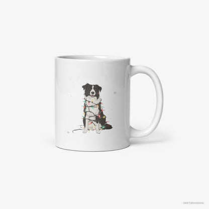 Border Collie Twinkling with Christmas Lights White Mug