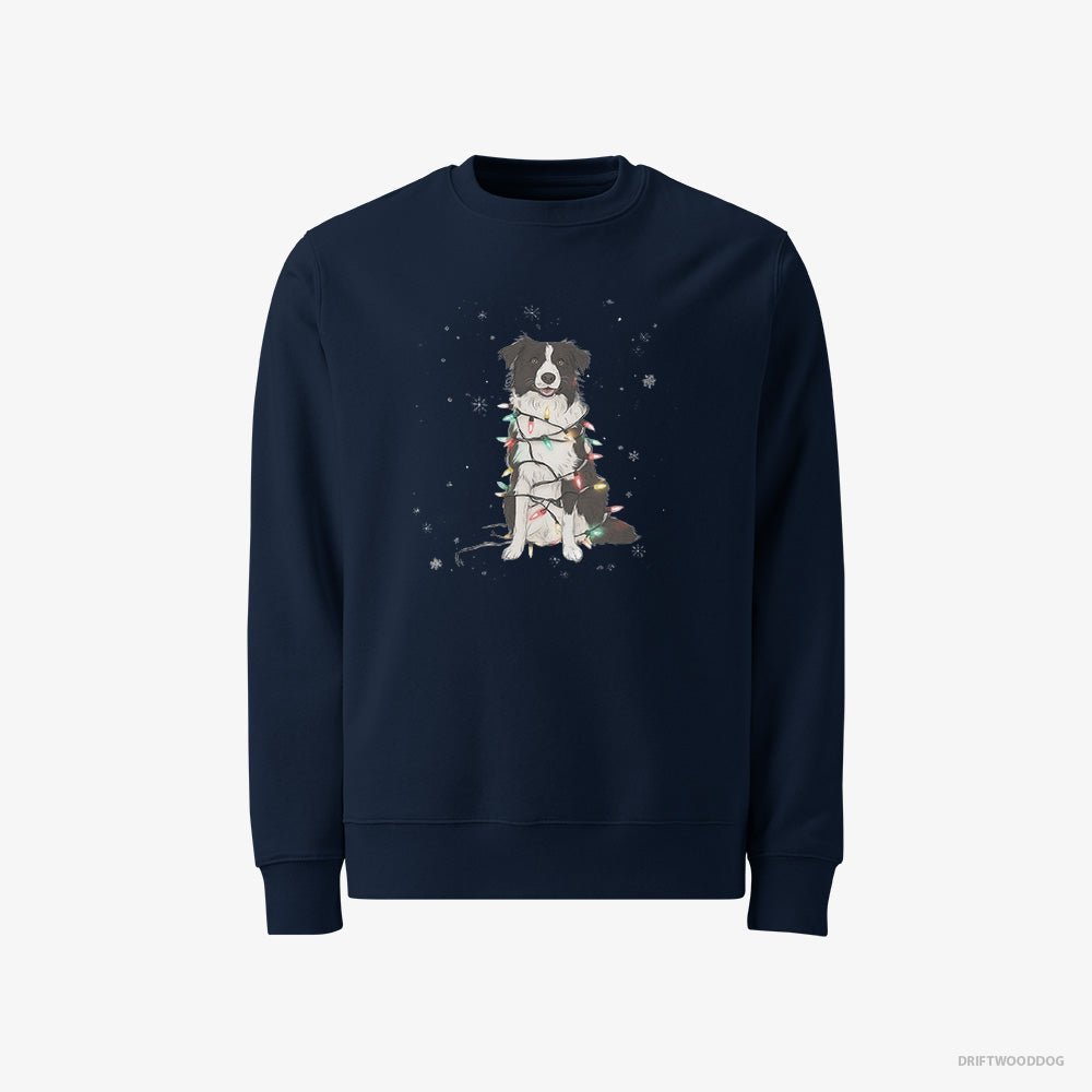 Border Collie Sweatshirt – Men Navy Sweatshirt Classic – Twinkling with Christmas Lights (on White Background)