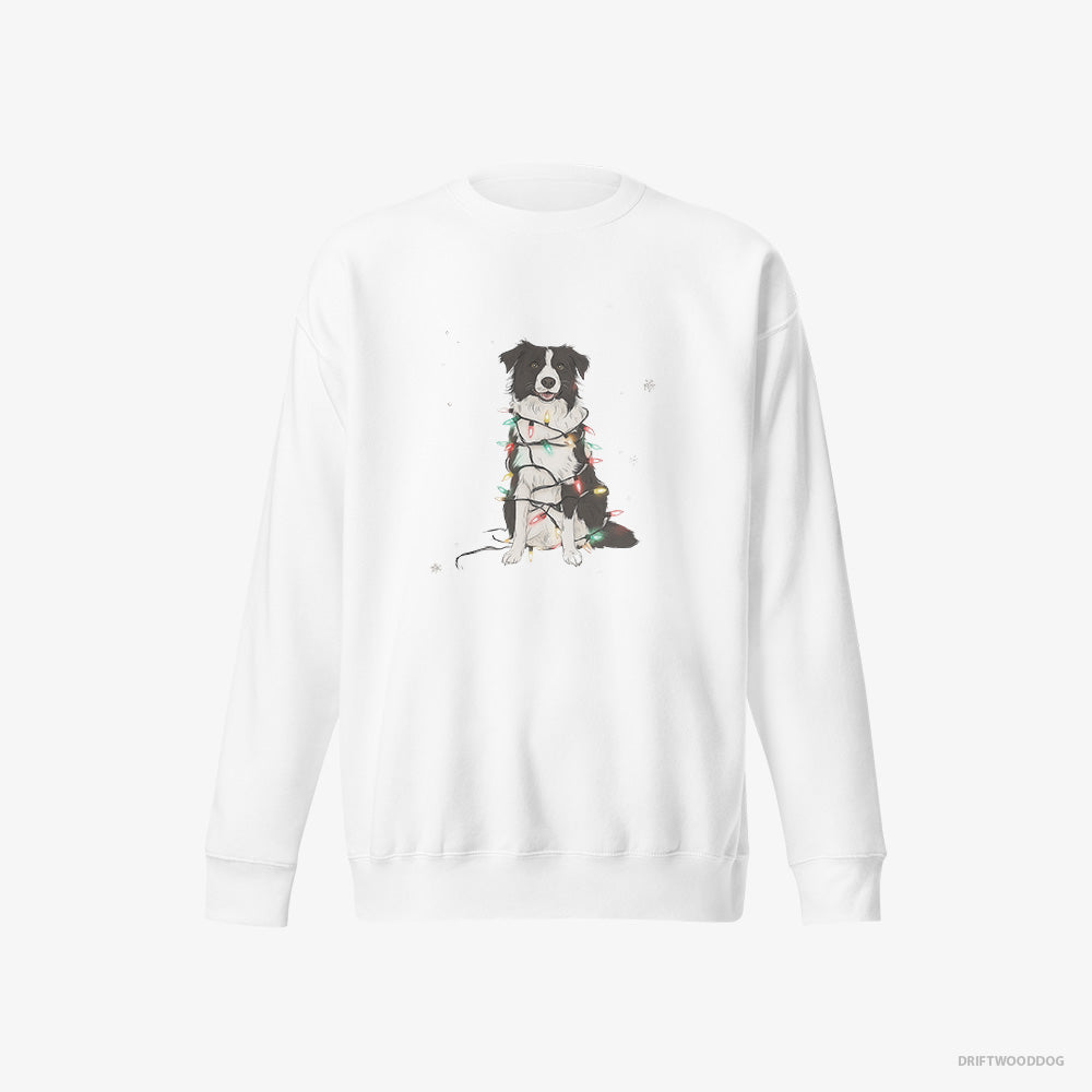 Border Collie Sweatshirt – Women White Sweatshirt Eco-Friendly – Twinkling with Christmas Lights (on White Background)