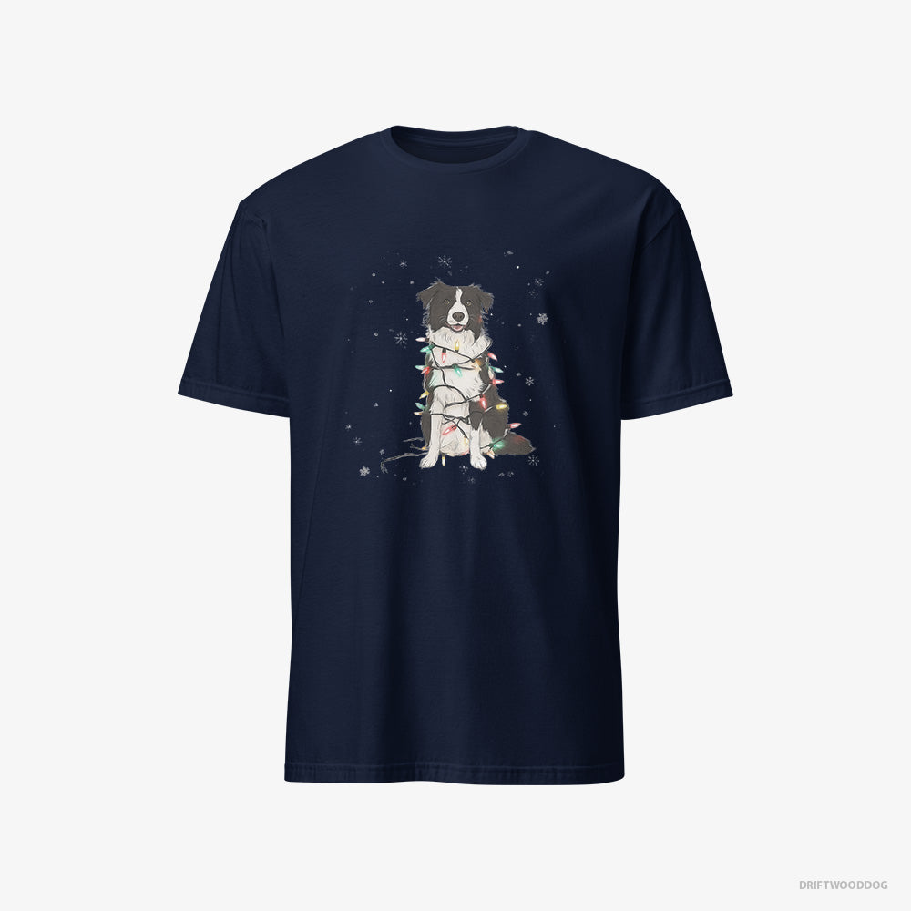 Border Collie T-Shirt – Men Navy T-Shirt Classic – Twinkling with Christmas Lights (on White Background)