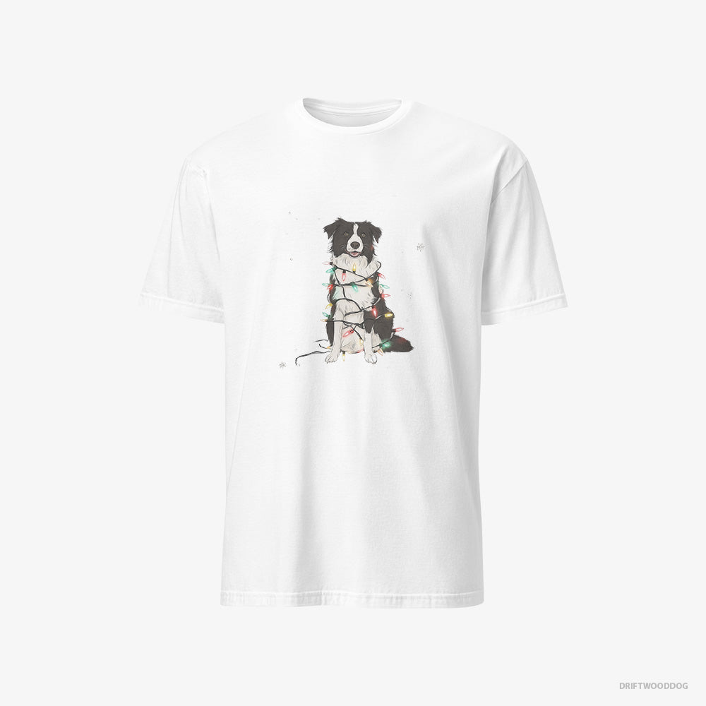 Border Collie T-Shirt – Men White T-Shirt Classic – Twinkling with Christmas Lights (on White Background)