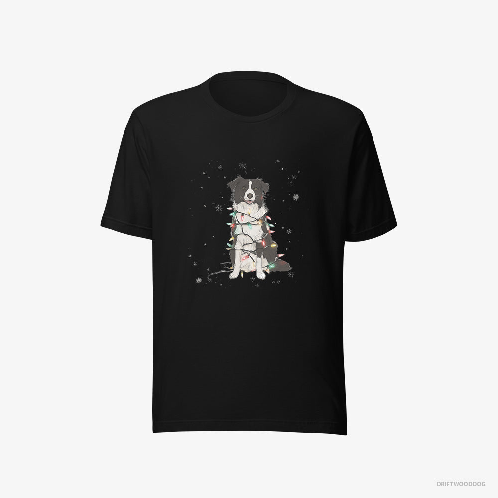 Border Collie T-Shirt – Women Black T-Shirt Eco-Friendly – Twinkling with Christmas Lights (on White Background)