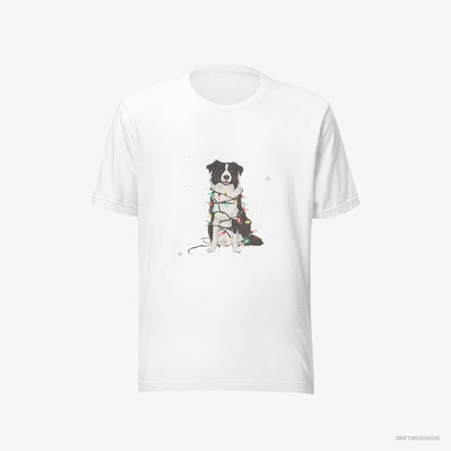 Border Collie T-Shirt – Men White T-Shirt Eco-Friendly – Twinkling with Christmas Lights (on White Background)