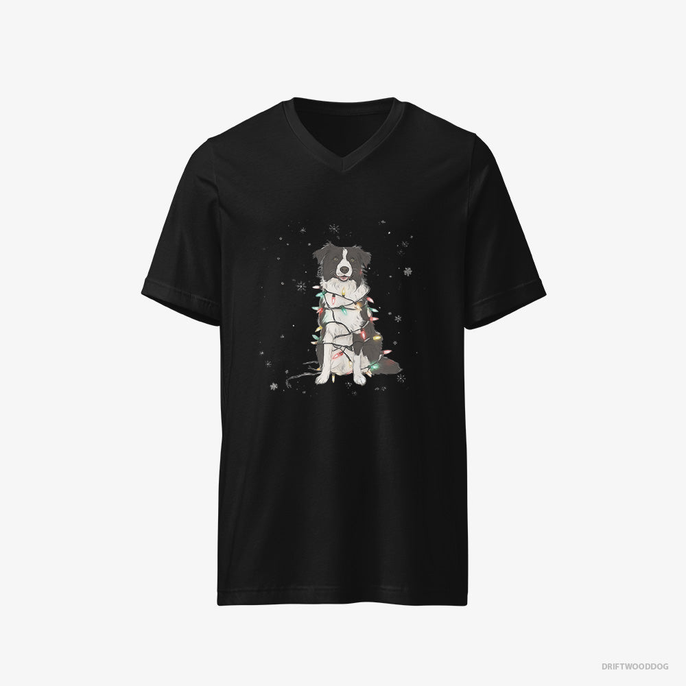 Border Collie T-Shirt – Men Black T-Shirt V-Neck – Twinkling with Christmas Lights (on White Background)