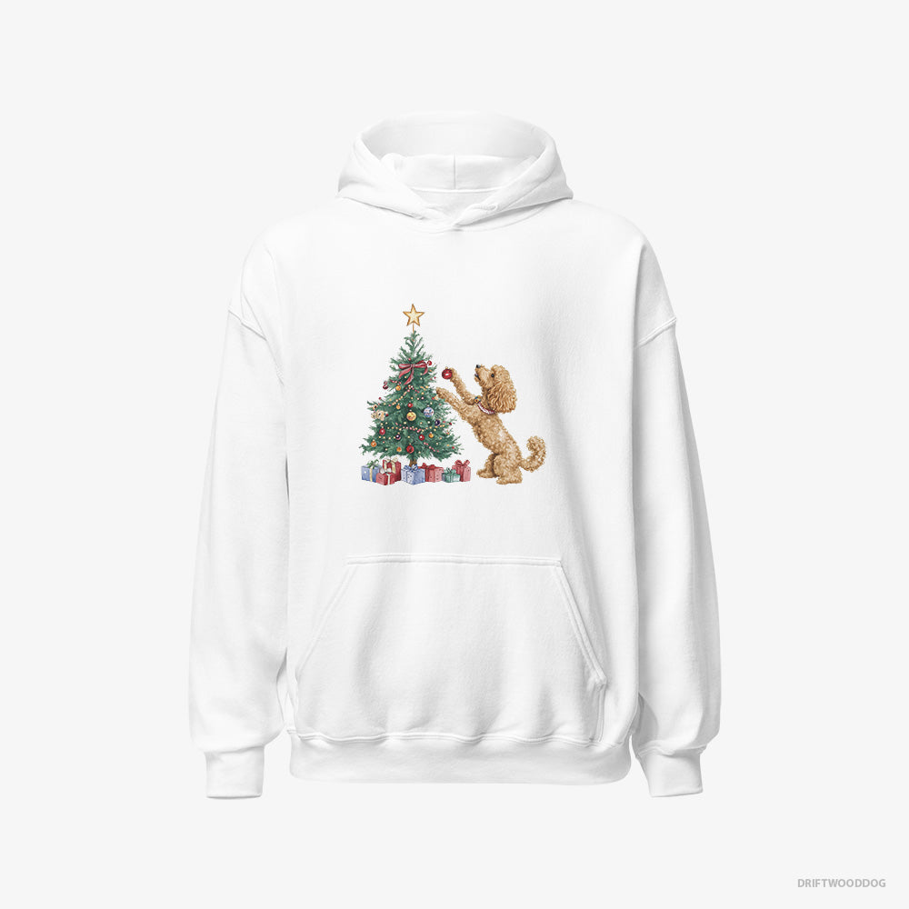 Poodle Hoodie – Women White Hoodie Classic – Putting Ornaments on the Christmas Tree (on White Background)