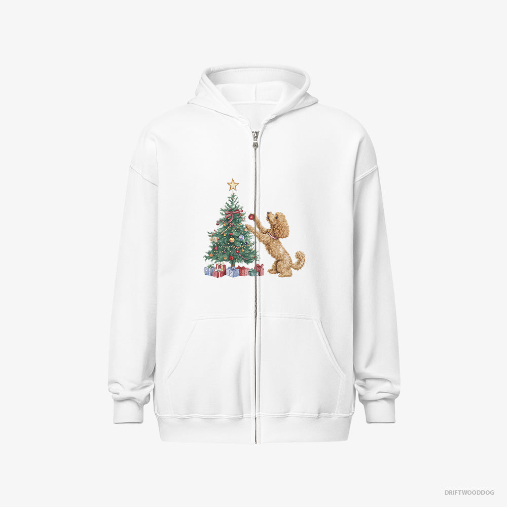 Poodle Hoodie – Men White Hoodie Full-Zip – Putting Ornaments on the Christmas Tree (on White Background)