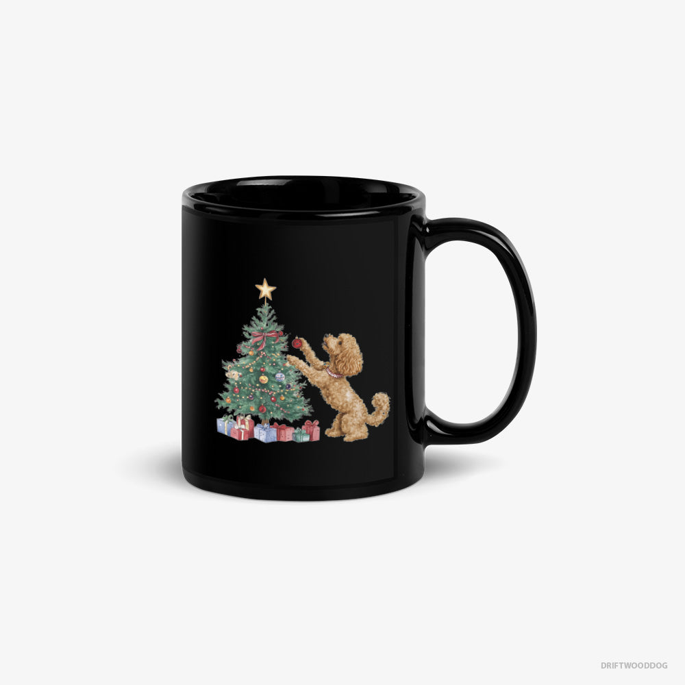 Poodle Mug – Unisex Black Mug Classic – Putting Ornaments on the Christmas Tree (on White Background)