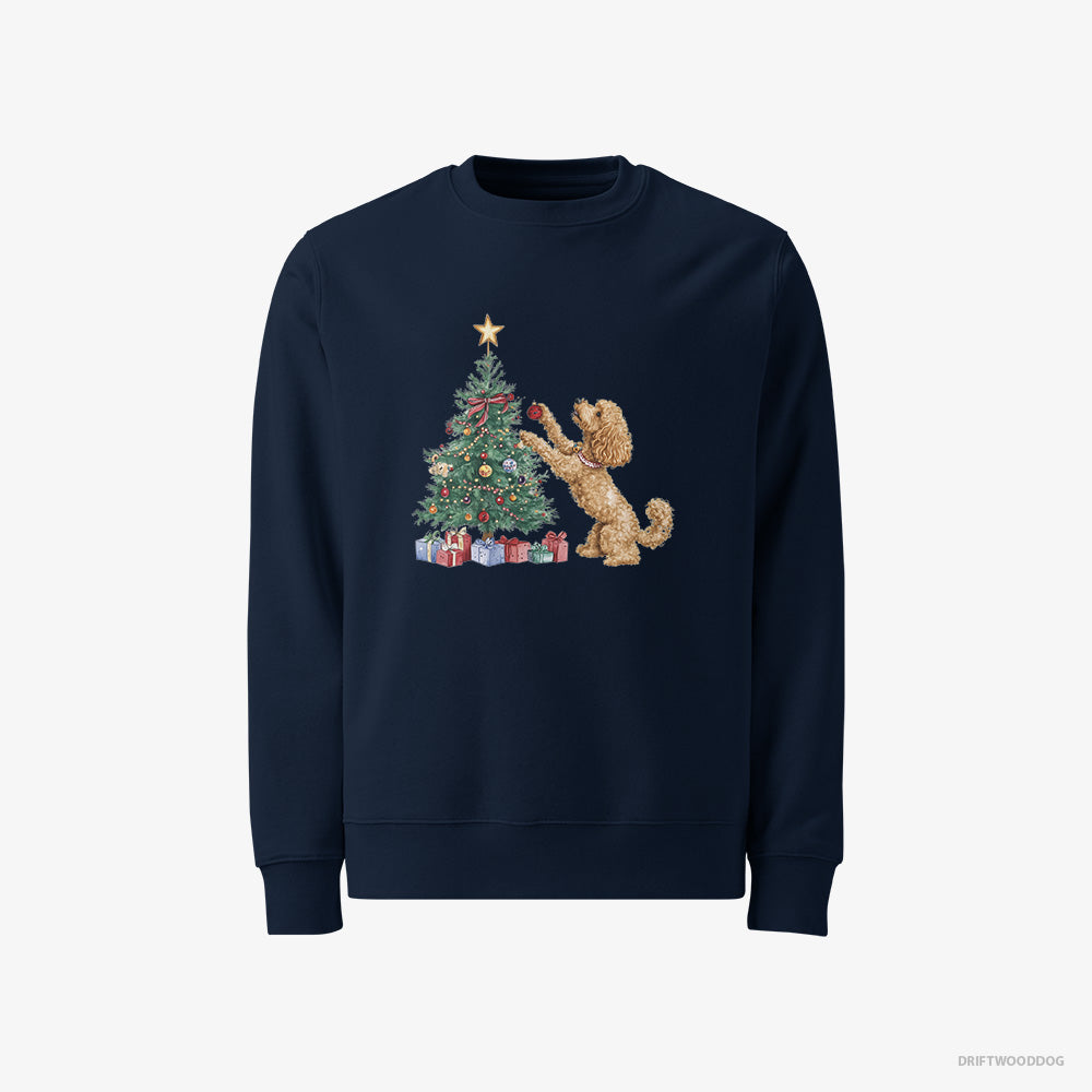 Poodle Sweatshirt – Men Navy Sweatshirt Classic – Putting Ornaments on the Christmas Tree (on White Background)