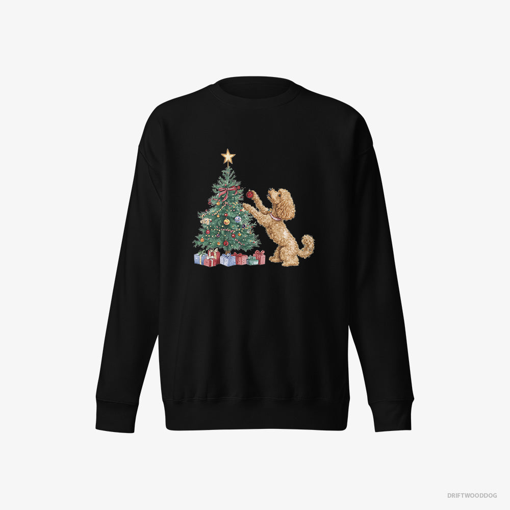 Poodle Sweatshirt – Women Black Sweatshirt Eco-Friendly – Putting Ornaments on the Christmas Tree (on White Background)