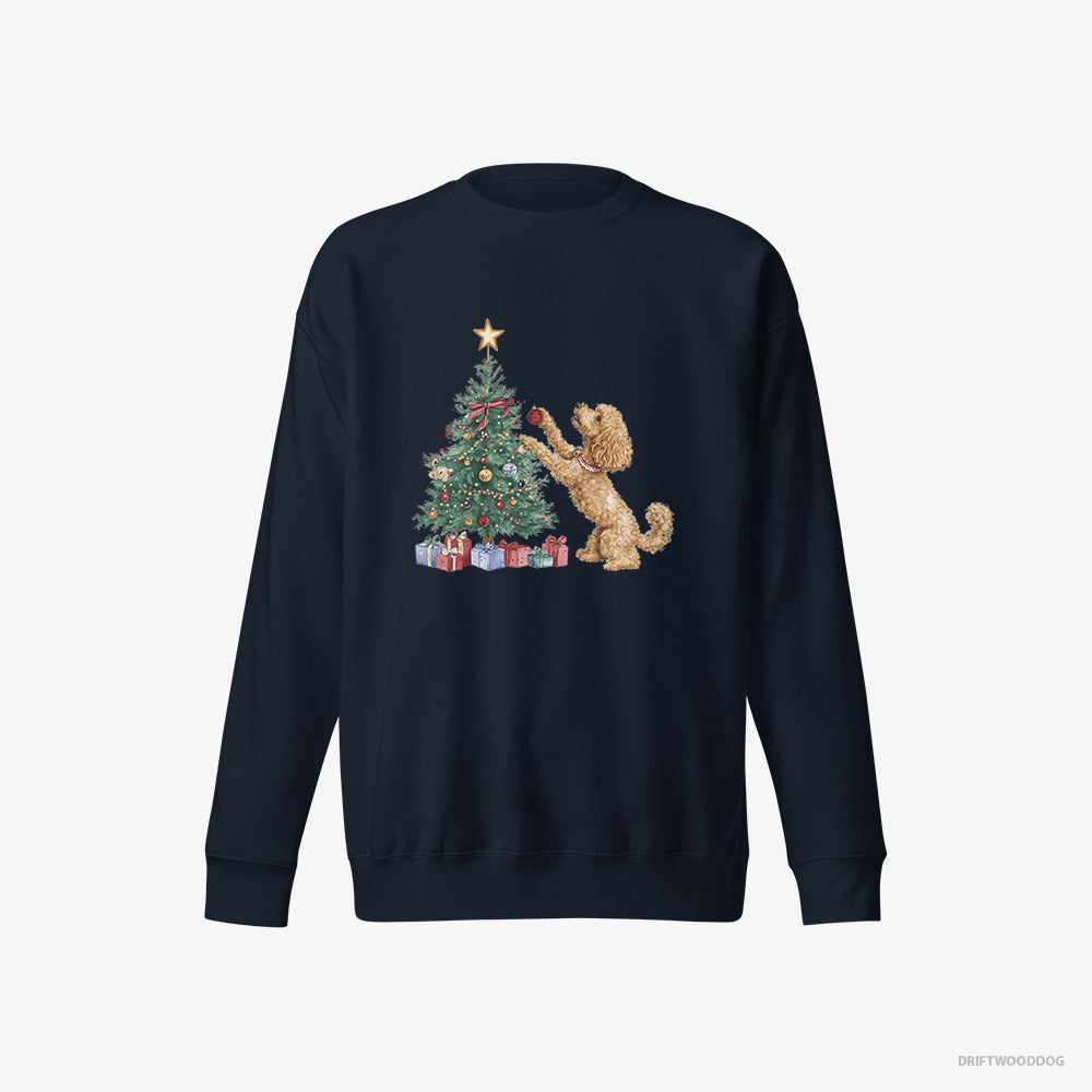 Poodle Sweatshirt – Women Navy Sweatshirt Eco-Friendly – Putting Ornaments on the Christmas Tree (on White Background)