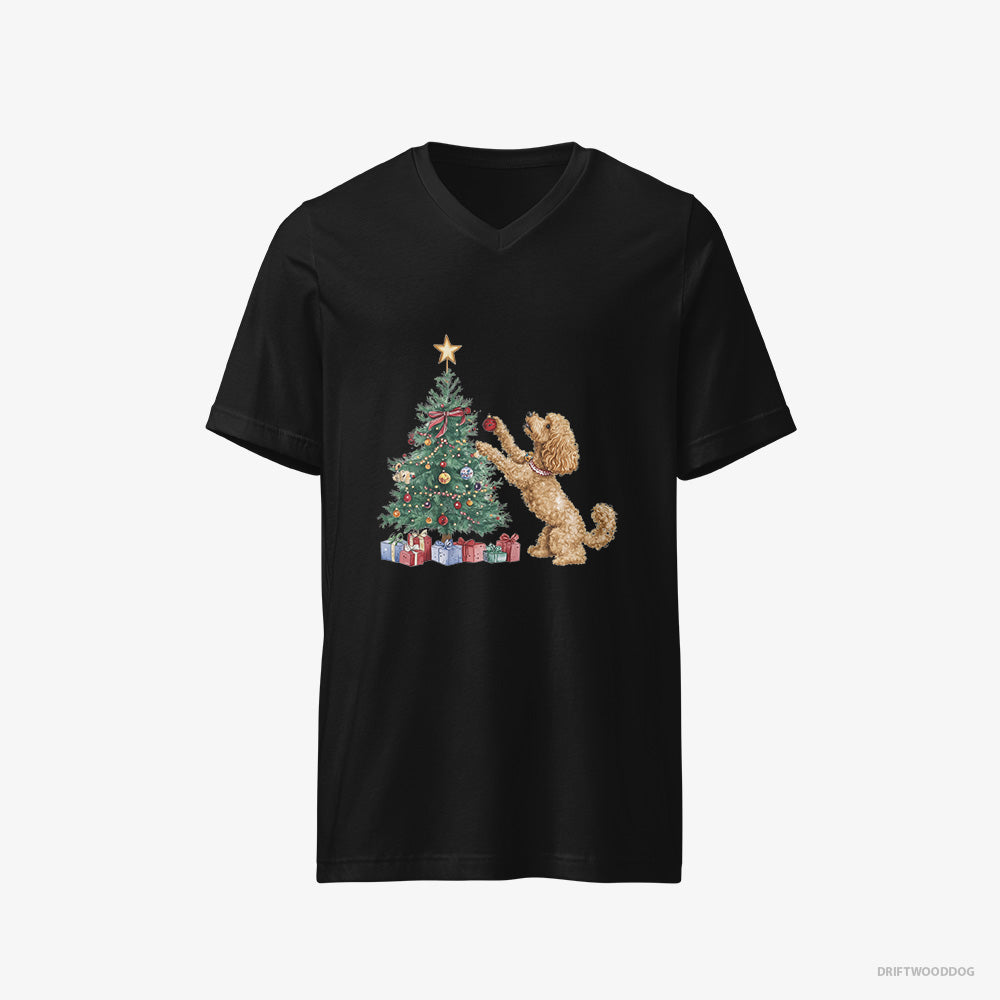 Poodle T-Shirt – Men Black T-Shirt V-Neck – Putting Ornaments on the Christmas Tree (on White Background)