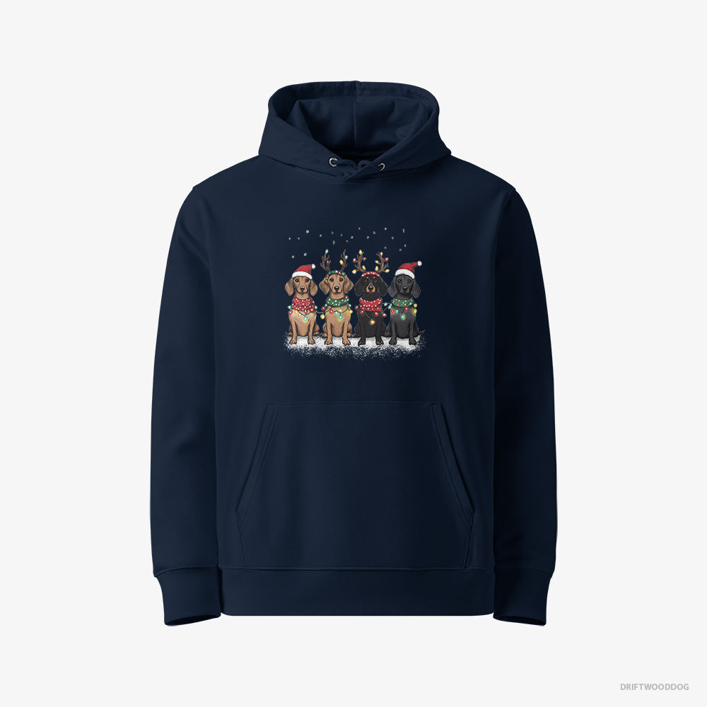 Dachshund Hoodie – Women Navy Hoodie Eco-Friendly – Puppies in a Warm Christmas Atmosphere (on White Background)