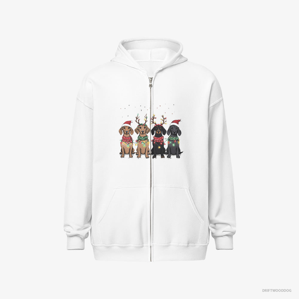 Dachshund Hoodie – Men White Hoodie Full-Zip – Puppies in a Warm Christmas Atmosphere (on White Background)