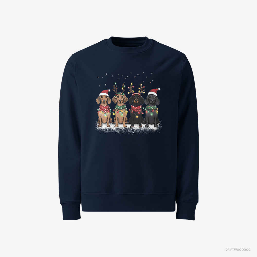 Dachshund Sweatshirt – Men Navy Sweatshirt Classic – Puppies in a Warm Christmas Atmosphere (on White Background)