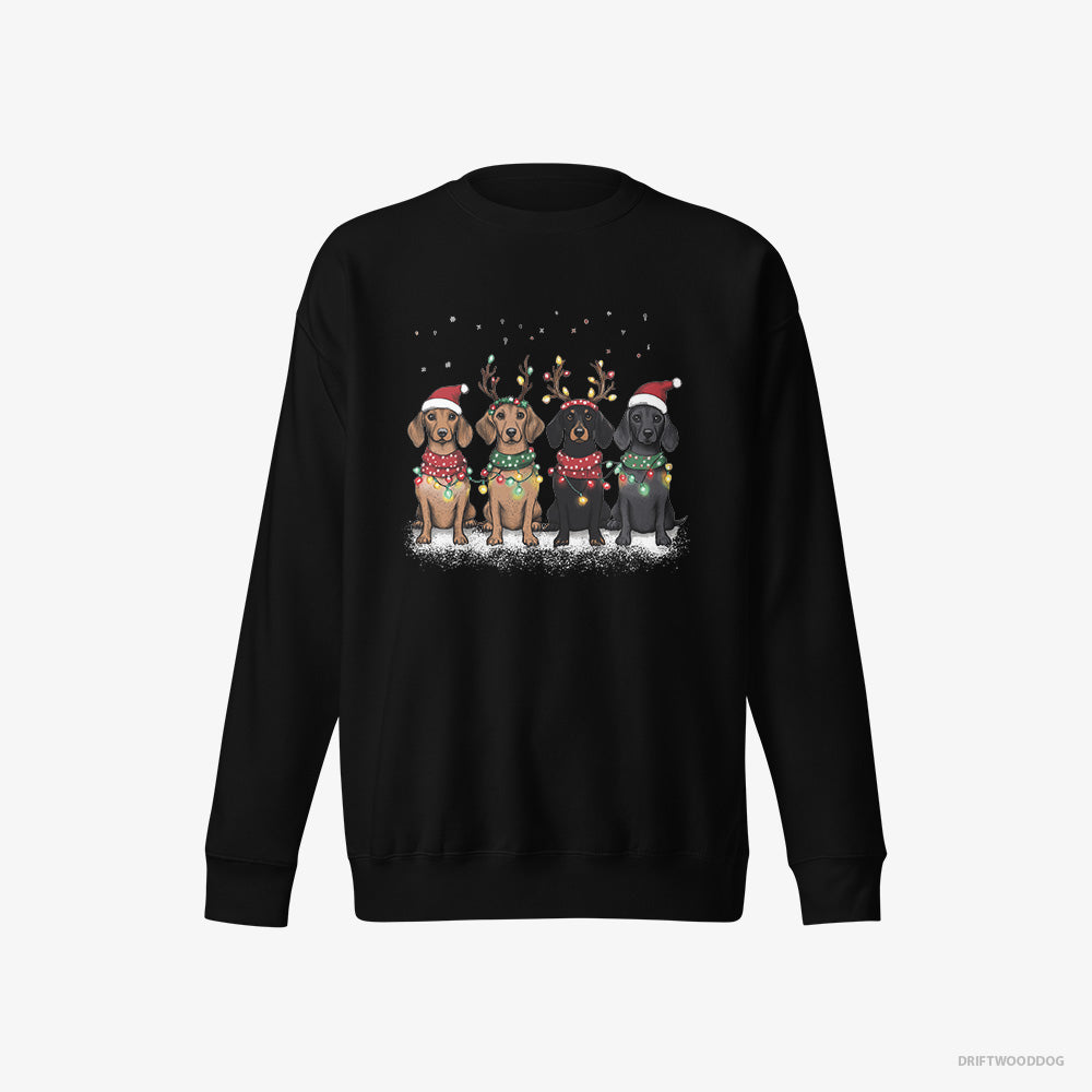 Dachshund Sweatshirt – Women Black Sweatshirt Eco-Friendly – Puppies in a Warm Christmas Atmosphere (on White Background)