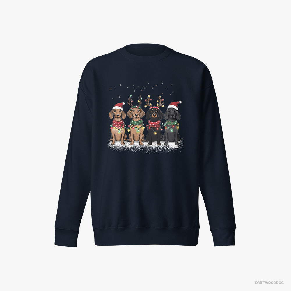 Dachshund Sweatshirt – Men Navy Sweatshirt Eco-Friendly – Puppies in a Warm Christmas Atmosphere (on White Background)