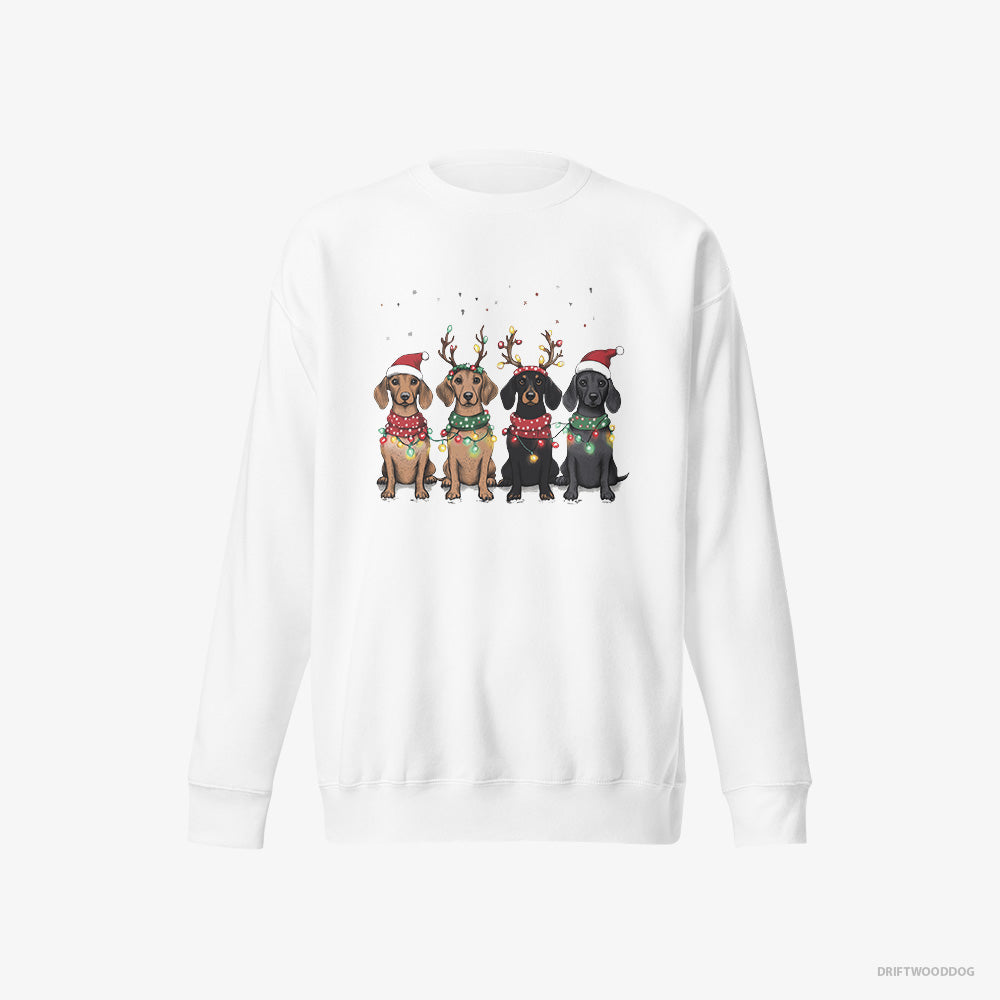 Dachshund Sweatshirt – Men White Sweatshirt Eco-Friendly – Puppies in a Warm Christmas Atmosphere (on White Background)