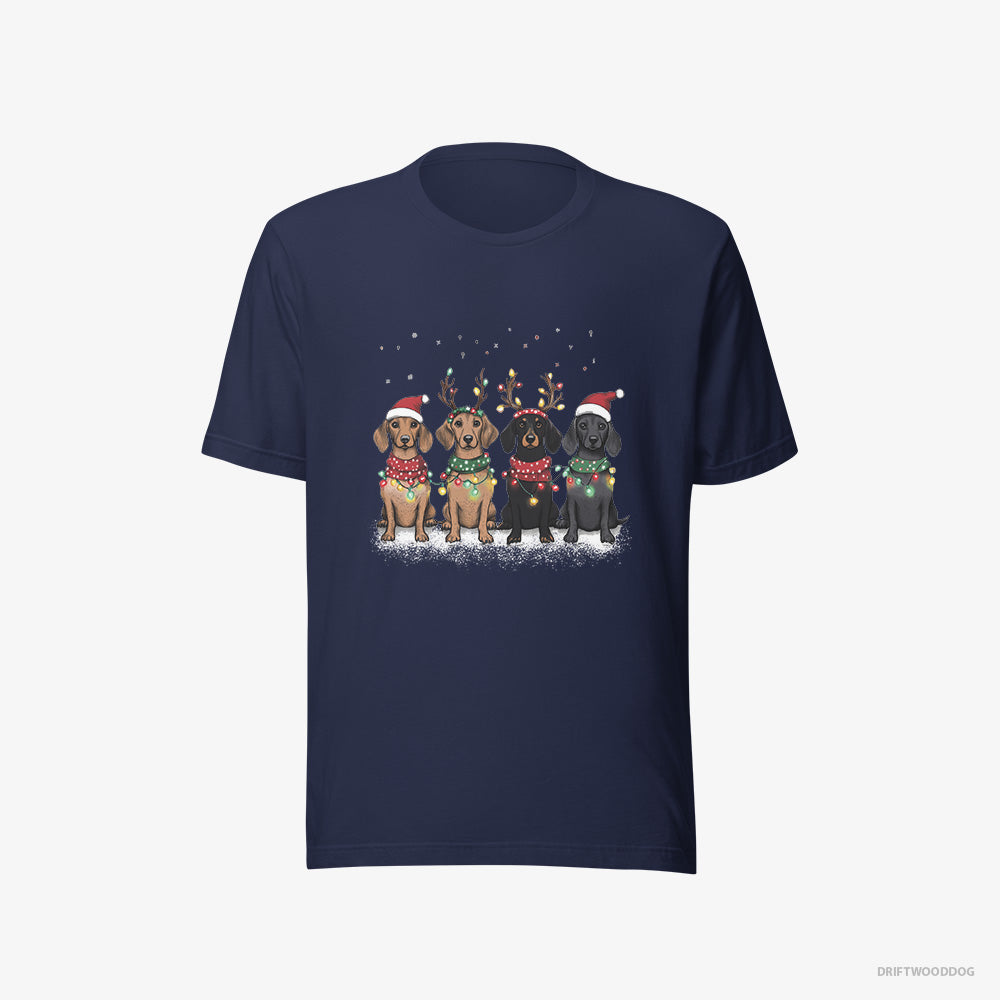 Dachshund T-Shirt – Women Navy T-Shirt Eco-Friendly – Puppies in a Warm Christmas Atmosphere (on White Background)