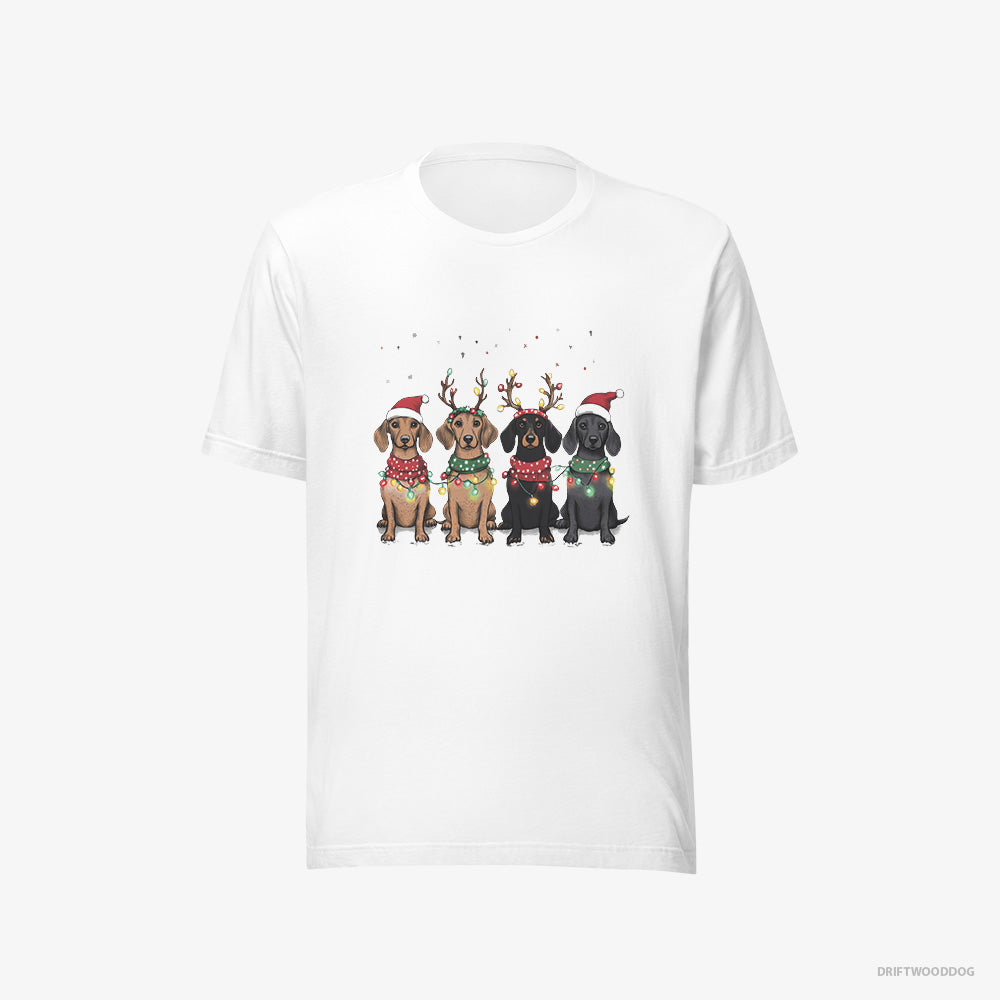 Dachshund T-Shirt – Men White T-Shirt Eco-Friendly – Puppies in a Warm Christmas Atmosphere (on White Background)