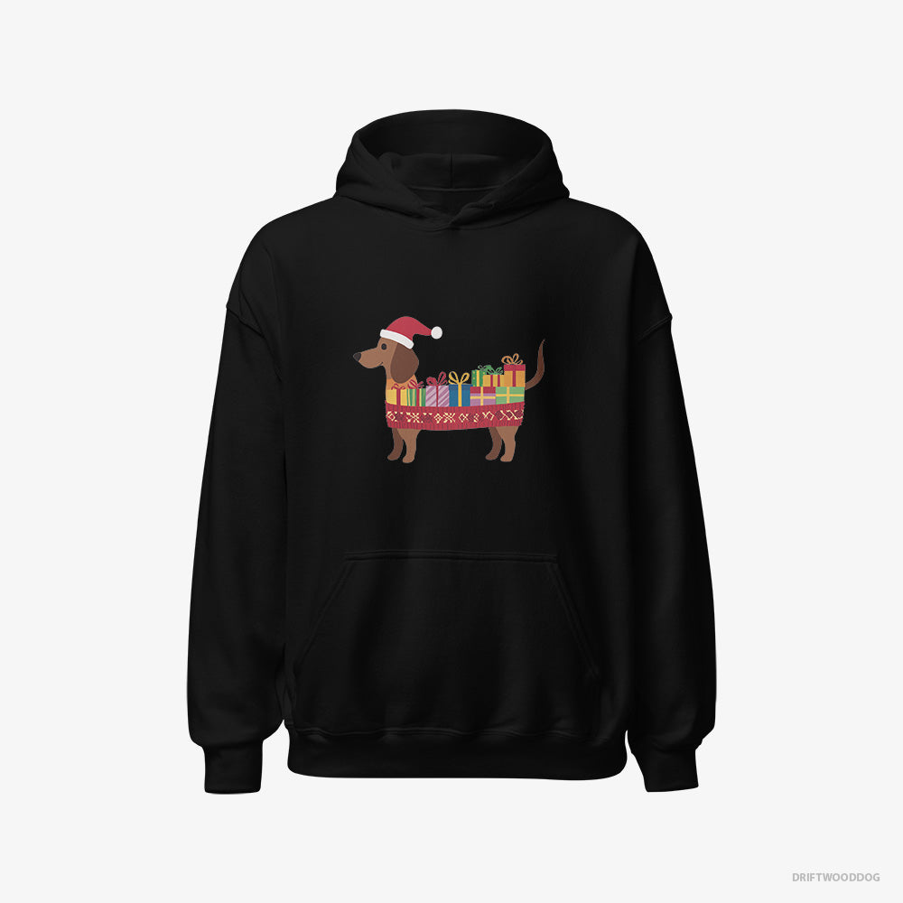 Dachshund Hoodie – Women Black Hoodie Classic – Wrapped as a Christmas Present (on White Background)