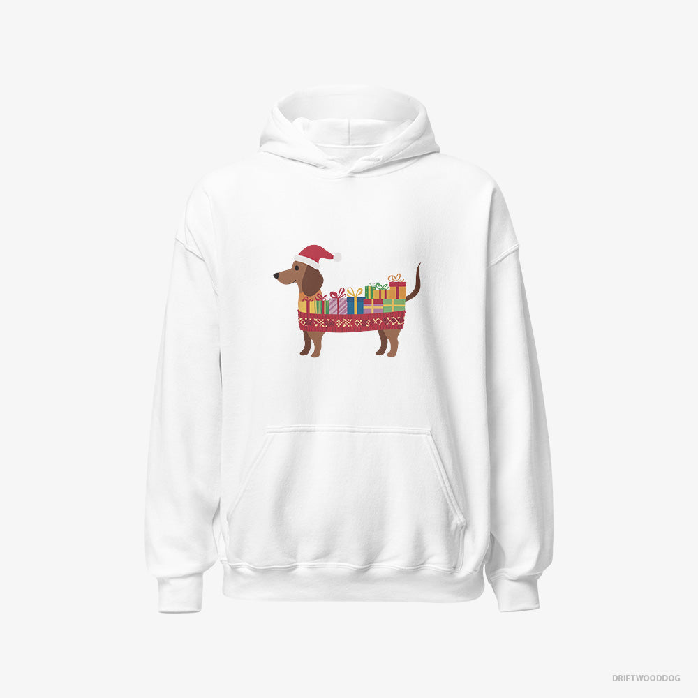 Dachshund Hoodie – Men White Hoodie Classic – Wrapped as a Christmas Present (on White Background)