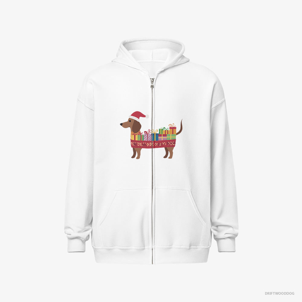 Dachshund Hoodie – Men White Hoodie Full-Zip – Wrapped as a Christmas Present (on White Background)