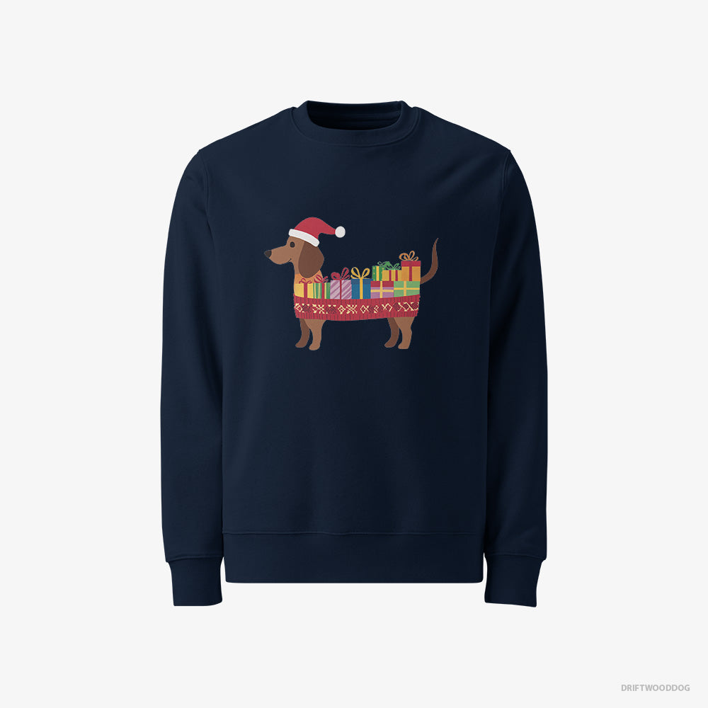 Dachshund Sweatshirt – Men Navy Sweatshirt Classic – Wrapped as a Christmas Present (on White Background)