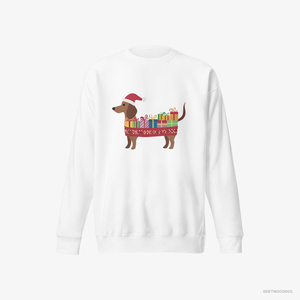 Dachshund Sweatshirt – Men White Sweatshirt Eco-Friendly – Wrapped as a Christmas Present (on White Background)