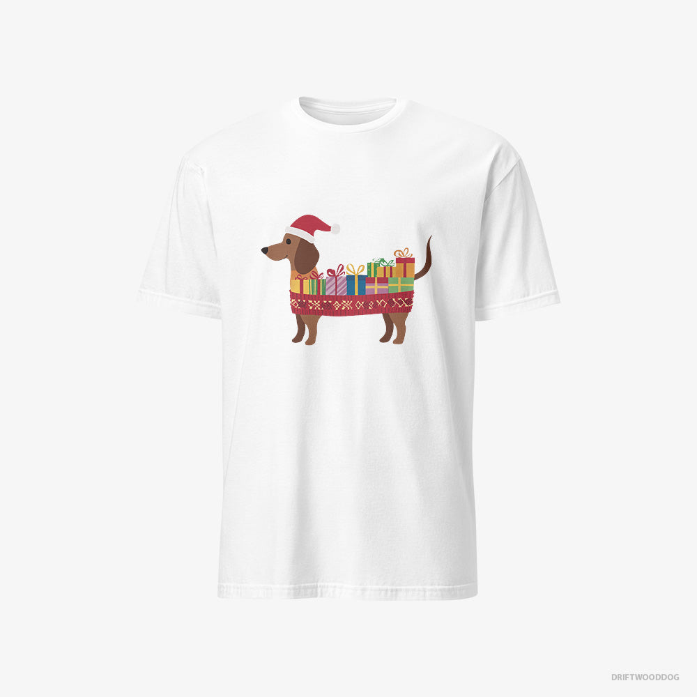 Dachshund T-Shirt – Women White T-Shirt Classic – Wrapped as a Christmas Present (on White Background)