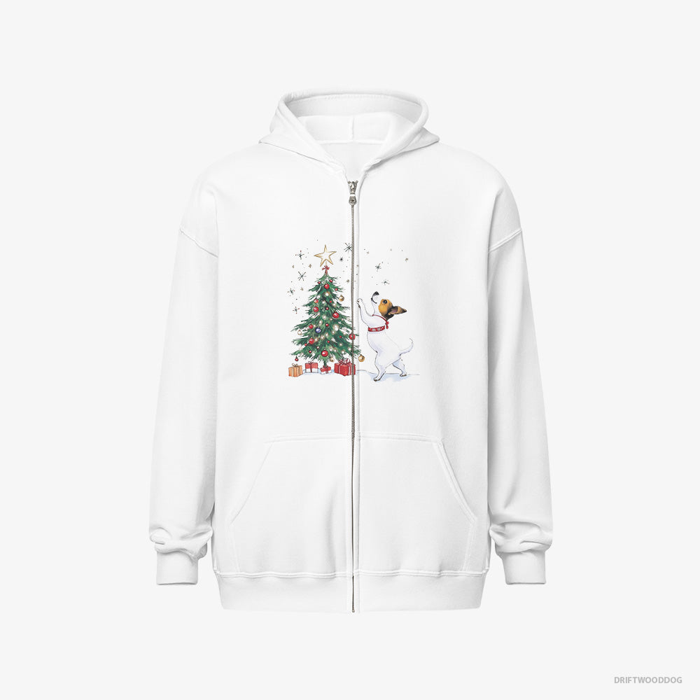 Jack Russell Terrier Hoodie – Men White Hoodie Full-Zip – Hanging Decorations on the Tree (on White Background)