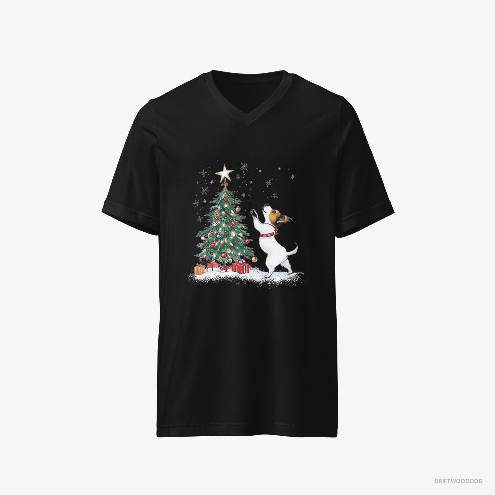 Jack Russell Terrier T-Shirt – Men Black T-Shirt V-Neck – Hanging Decorations on the Tree (on White Background)