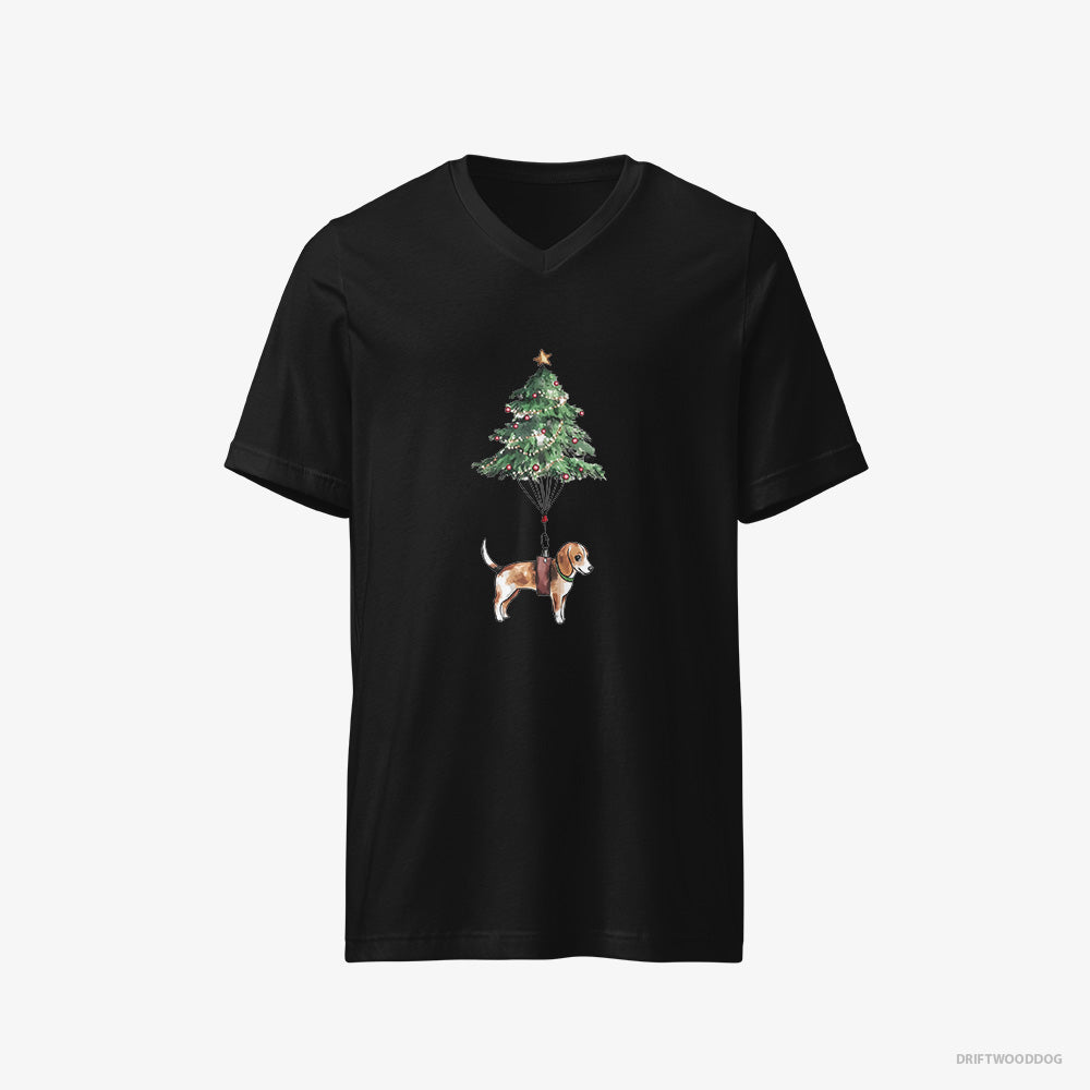 Beagle T-Shirt – Men Black T-Shirt V-Neck – as a Christmas Tree Decoration (on White Background)