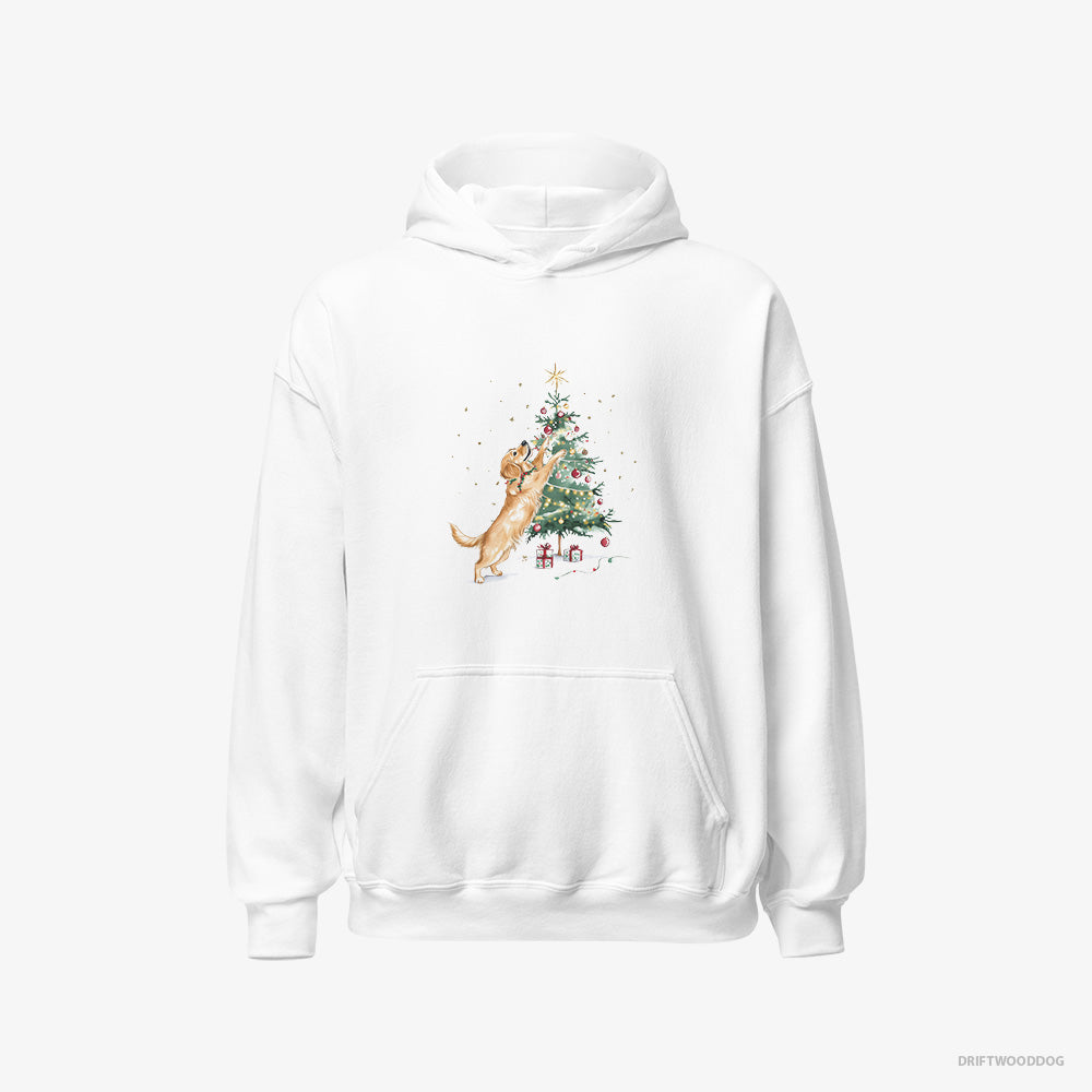 Golden Retriever Hoodie – Men White Hoodie Classic – Styling the Christmas Tree (on White Background)