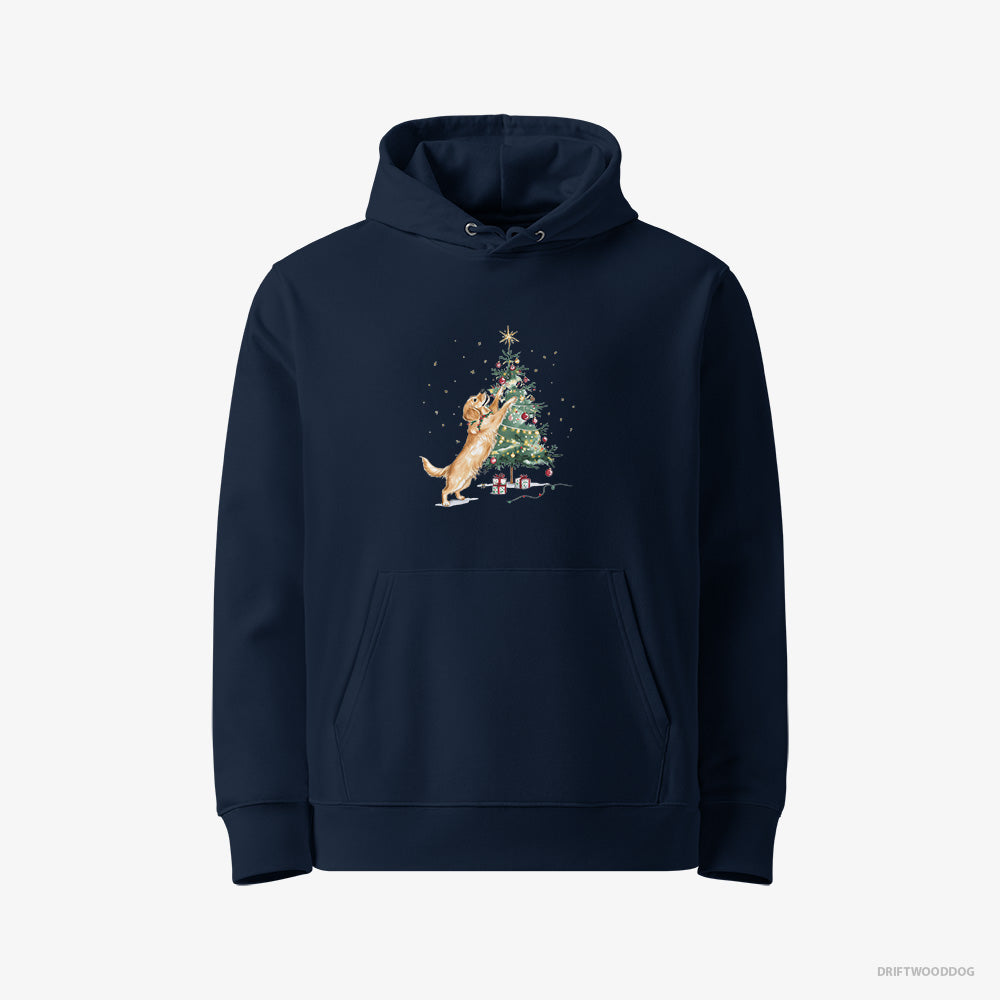 Golden Retriever Hoodie – Women Navy Hoodie Eco-Friendly – Styling the Christmas Tree (on White Background)