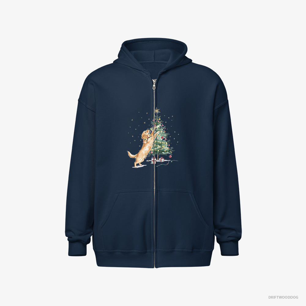 Golden Retriever Hoodie – Men Navy Hoodie Full-Zip – Styling the Christmas Tree (on White Background)