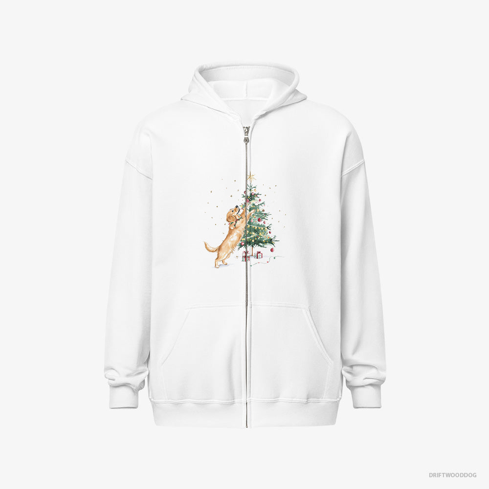 Golden Retriever Hoodie – Men White Hoodie Full-Zip – Styling the Christmas Tree (on White Background)